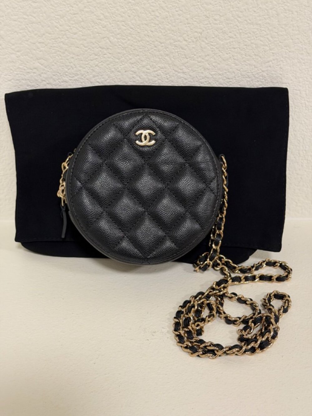 Chanel Caviar Round Clutch With Chain Black Gold Hardware